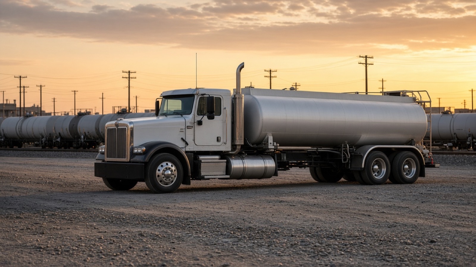 An unbranded American fuel tanker with a long-hood tractor, parked in a yard at sunset.